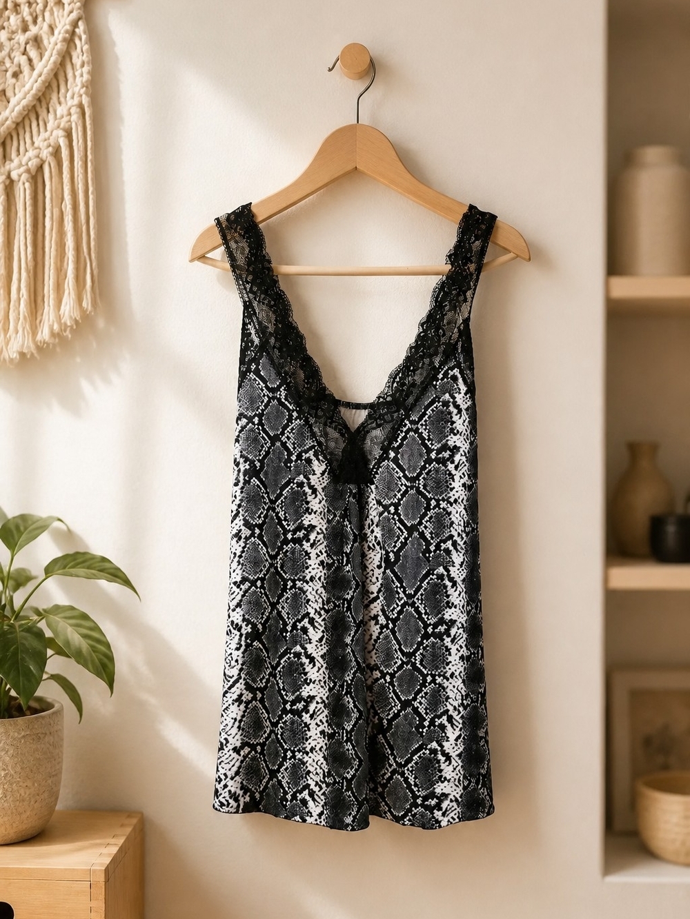 Lace-Trim Snake Print Chemise in Black & White - Picture 1 of 4